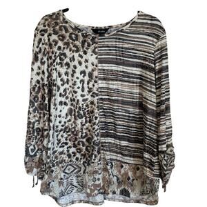 Ali Miles Tunic Top 3/4 Tie Sleeves Mixed Print  Sz XL Soft Shabby Chic Boho